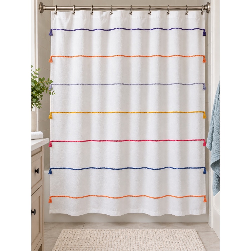 Pillowfort Multi Stripe with Tassels Shower Curtain White 72x72 Boho Kids Bath